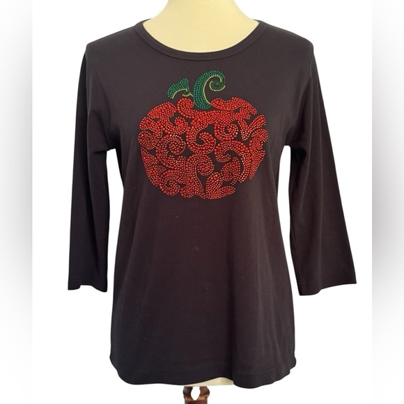 Get Lucky Y2K Black 3/4 Sleeve Embellished Pumpkin Sequin Design Top Size Small - Picture 2 of 12